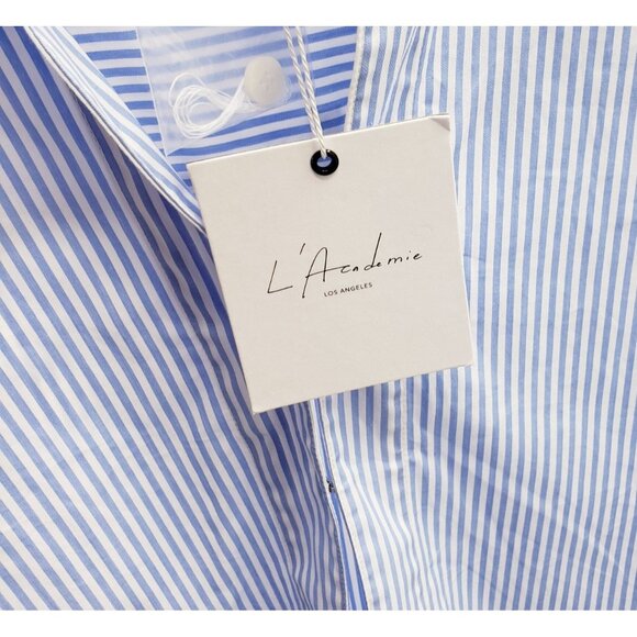 L'Academie High Low Popover Shirt Women M Blue White Stripe Long Tail Hook Front - Picture 8 of 9